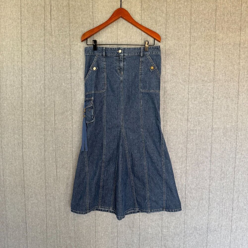 90s Vintage Laundry Denim Low Rise Cargo Pocket Mermaid Maxi Jean Skirt Size 8